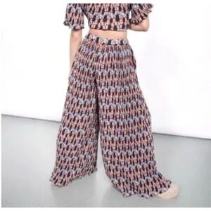 WILDFANG Wide Leg Pleated Pants Abstract Print Drawstring Waist Women's Medium‎